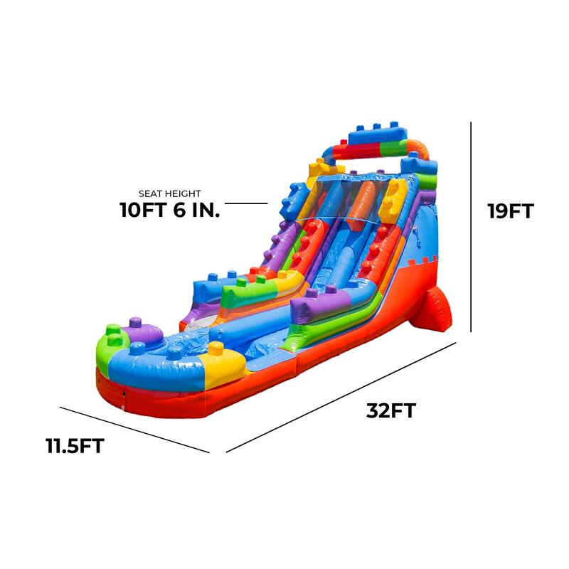 XJUMP Block Party 19' Dual Lane Side Loader Water Slide with Pool and Air Blower, Kids and Adults, Commercial Grade PVC Vinyl