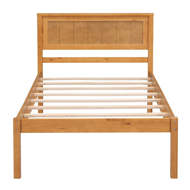 Roomfitters Size Platform Bed Frame with Headboard, Wood Slat Support for Bedroom, Oak