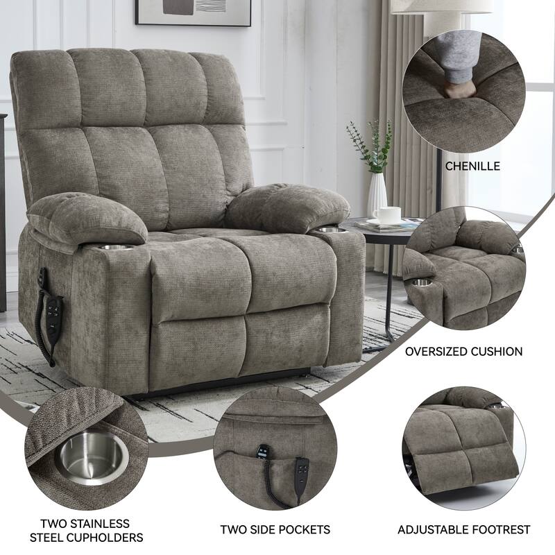 Oversized Chenille Power Lift Recliner with Dual Cup Holders