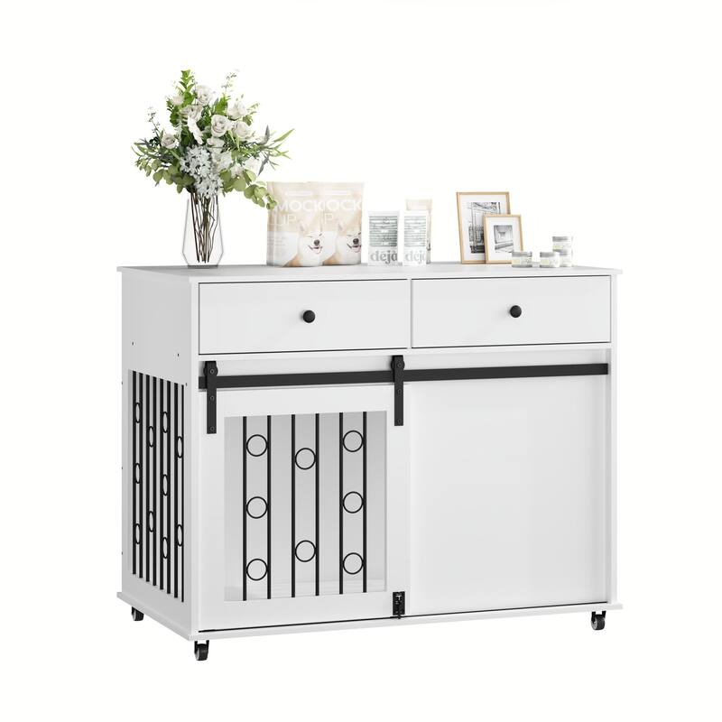 39.37" Dog Crate Furniture with Double Drawers and Sliding Barn Door, Decorative Pet Kennel End Table with Lockable Wheels