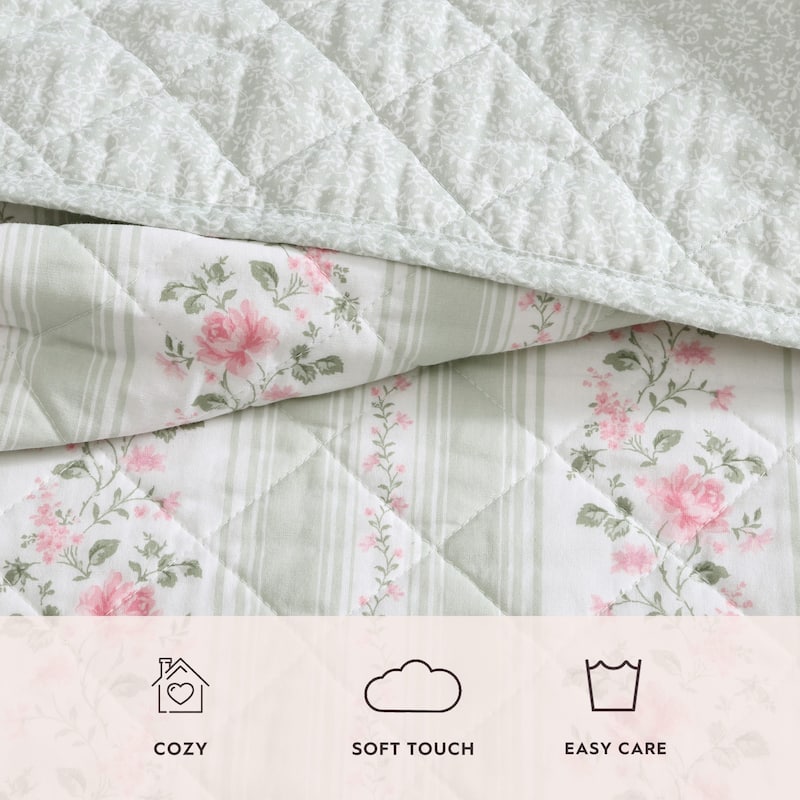 Laura Ashley Rosebud Stripe Cotton Reversible Green Quilt Set