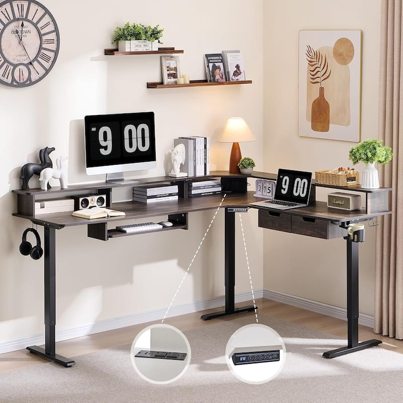 L Shaped Electric Standing Desk,Corner Gaming Desk w/ Charging Station