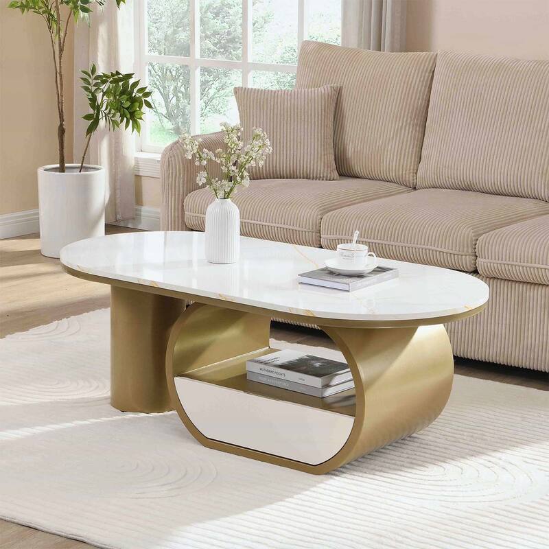 Modern Oval Coffee Table with Storage,Metal Frame for Elegant Living Room Decor - Golden+White
