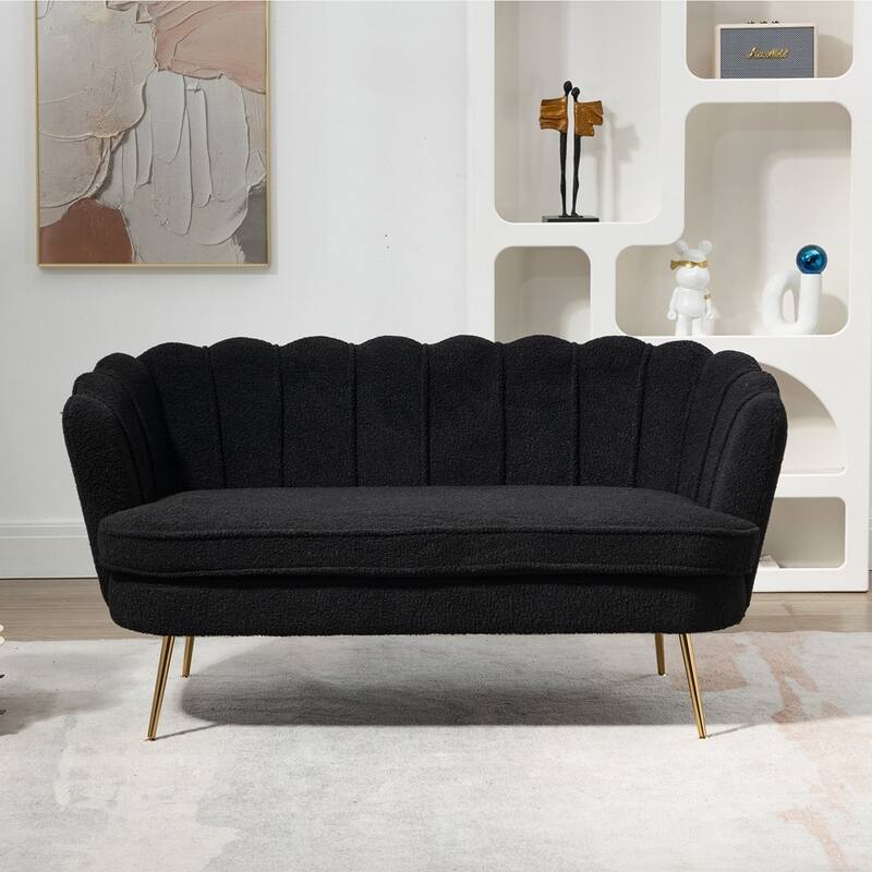 Small Mini Room Couch Two-Seater Sofa with Gold Metal Leg - 2 Seat - Black Boucle