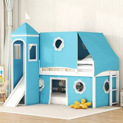 Loft Bed with Slide Blue Tent and Tower - Blue