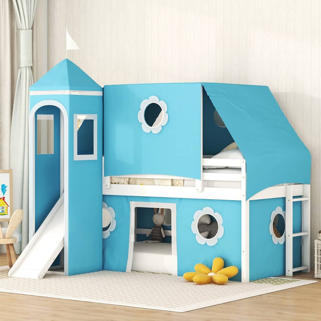 Twin/Full Size Loft Bed with Slide, Tent, and Castle Tower for Children's Bedrooms, Small Space, No Box Spring Required