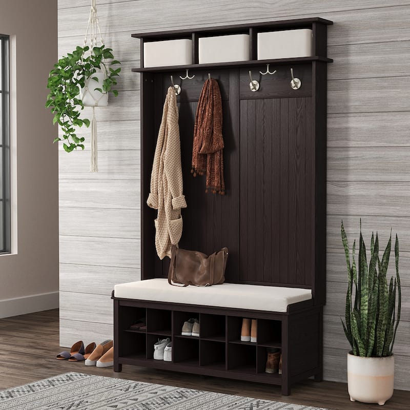 John Louis Home Solid Wood Hall Tree with Shoe Storage - Espresso