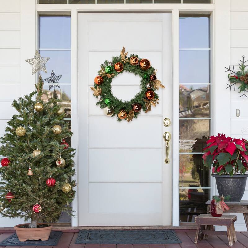 Green Foliage with Ornaments Artificial Christmas Wreath 24 Inch Unlit