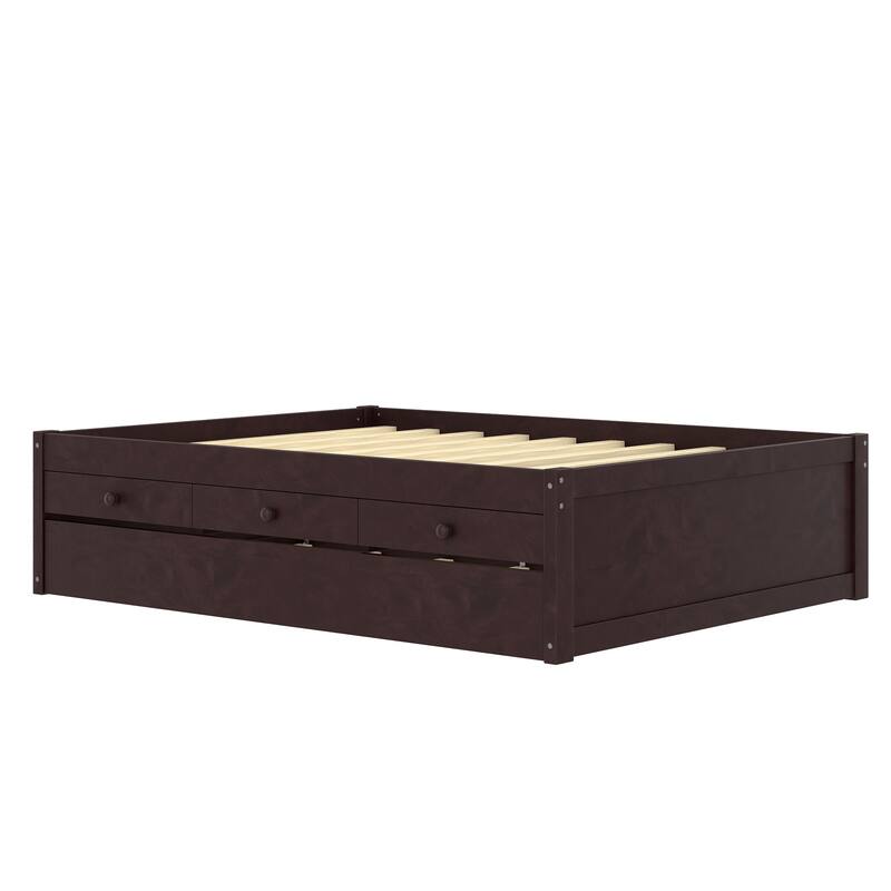 Full Platform Bed with Trundle and 2 drawers, SolidWood Beds with Power strip, Espresso