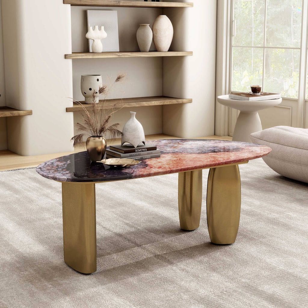 Furniture of America Luvien Modern Multi-Color Sintered Stone Top Coffee Table with Gold Legs