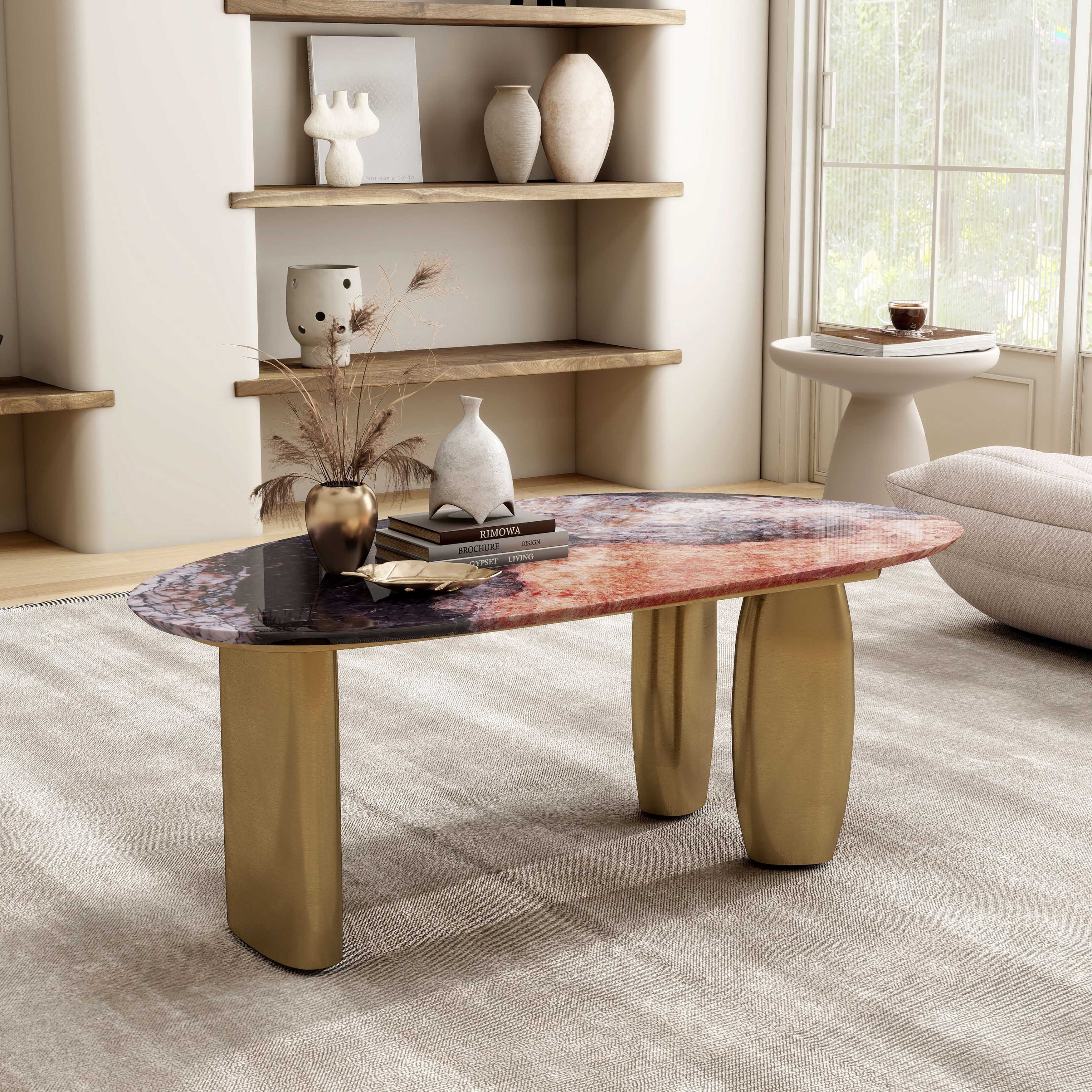 Furniture of America Luvien Modern Multi-Color Sintered Stone Top Coffee Table with Gold Legs