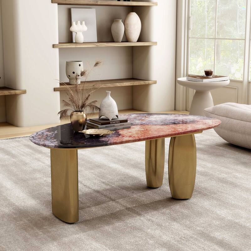 Furniture of America Luvien Modern Multi-Color Sintered Stone Top Coffee Table with Gold Legs