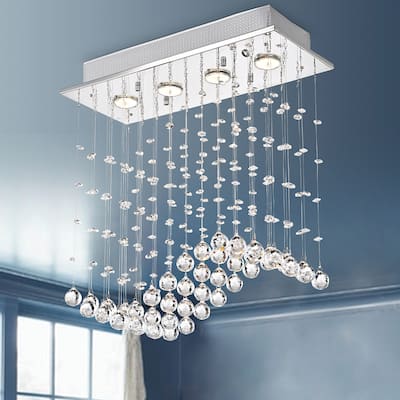 Chrome 4-Light Wave Rain Drop Crystal Flush Mount