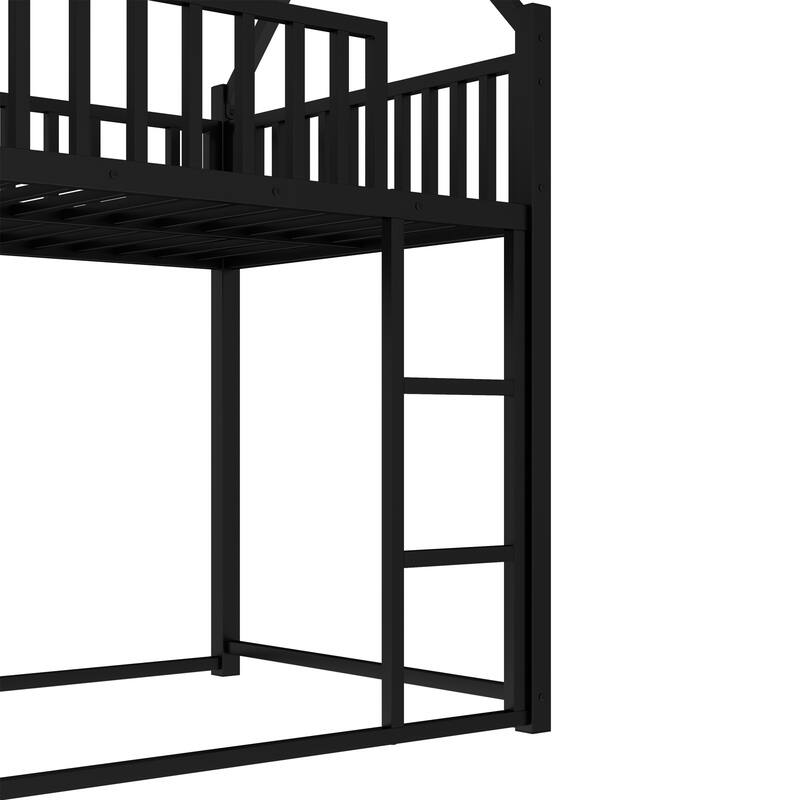 Roomfitters Metal Twin House Bed Frame with Guardrails & Detachable Slats, Convertible Floor to Loft Design, Black