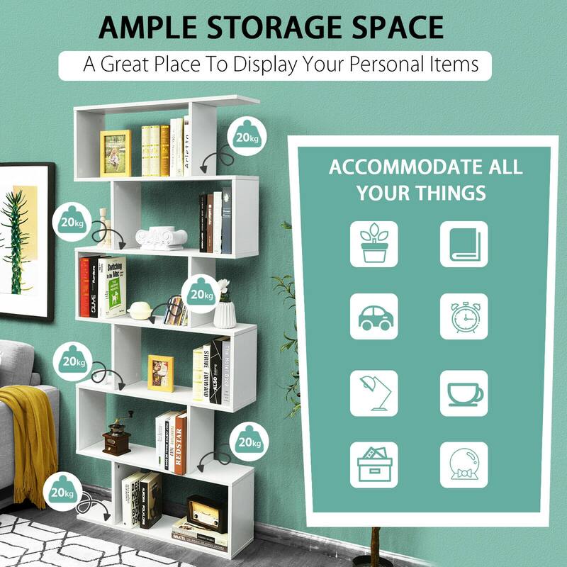 Gymax 2 PCS 6 Tier S-Shaped Bookshelf Storage Display Bookcase Z-Shelf - 31.5'' x 9'' x 75''