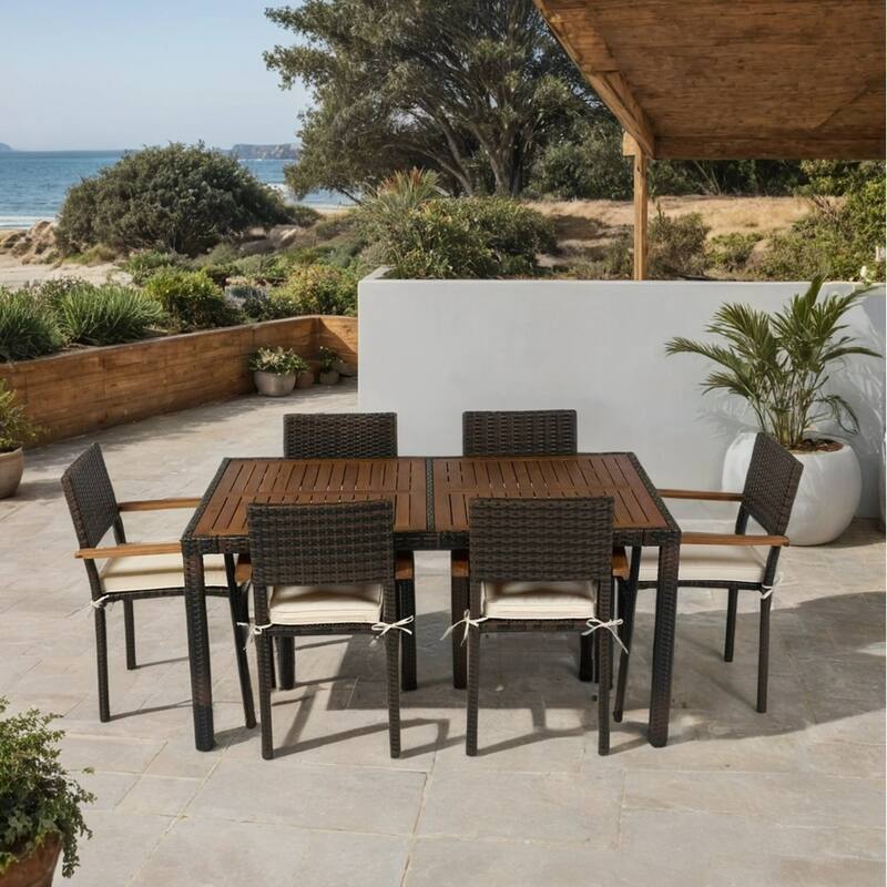 7 Pieces Outdoor Dining Set, Patio Conversation Set with 6 Chairs, Outdoor Table and Chairs Set with Cushion