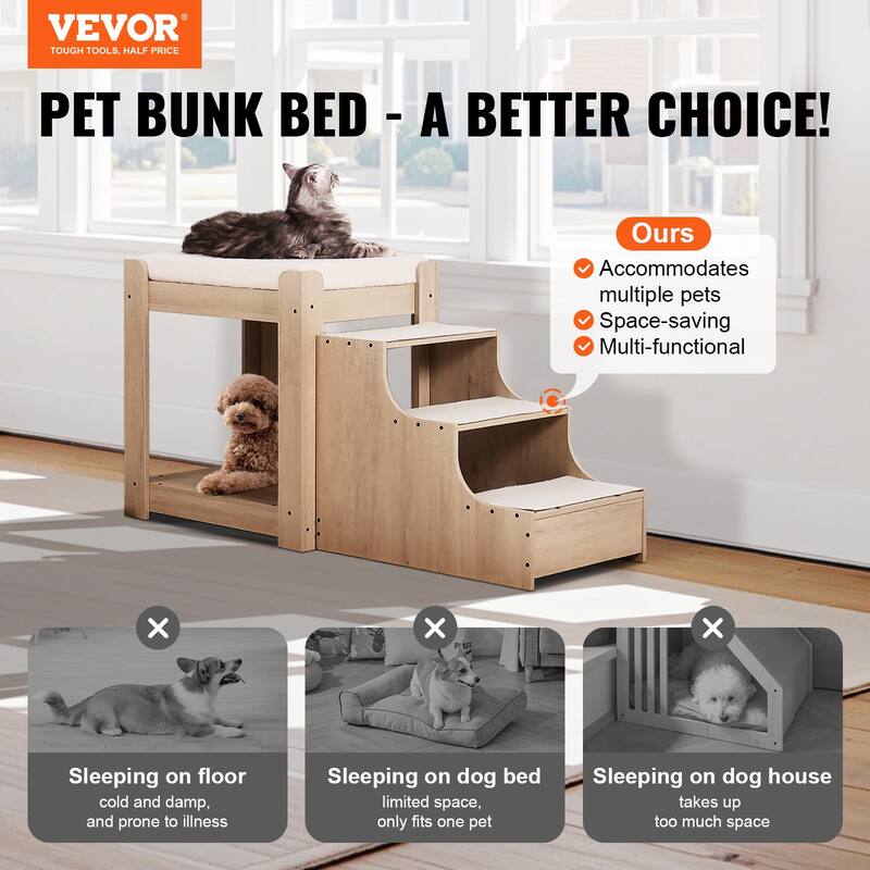 Pet Bunk Bed with Removable Stairs, Dog/Cat Window Perch with Storage, Multi-Level Bed Window Perch Dog Bedside Sleeper Couch