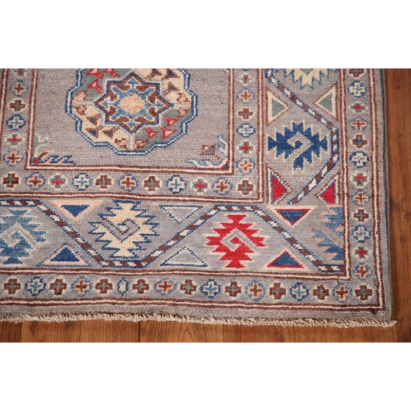 Geometric Kazak Oriental Accent Rug Hand-Knotted Grey Wool Carpet - 2'7"x 4'1"