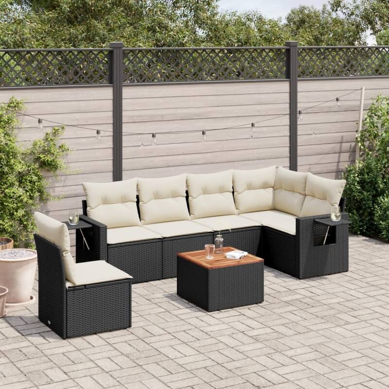 vidaXL 7 Piece Patio Sofa Set with Cushions Black Poly Rattan - 24.4" x 24.4" x 27.2" - Black and cream  - form2