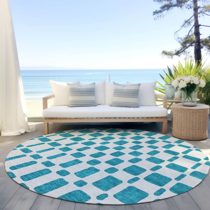 Machine Washable Indoor/ Outdoor Chantille Geo Contemporary Rug - Teal - 8' x 8'