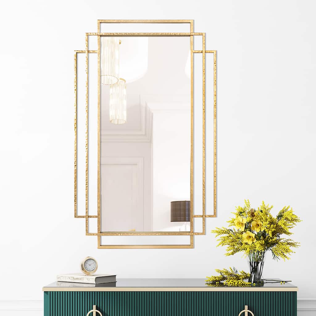 Metal Wall Mirror with Geometric Framework - 24.4"L x 1.2"W x 39.4"H