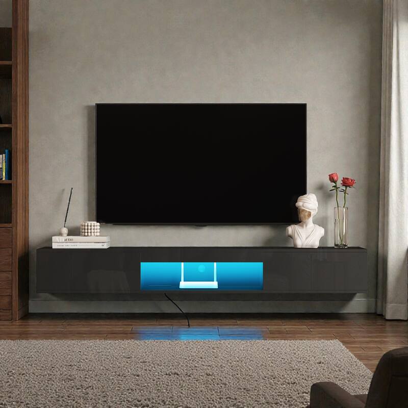69 Inch Floating TV Stand Wall Mounted with 16 Color LED Lights, Modern TV Cabinet for 55 60 65 Inch TV