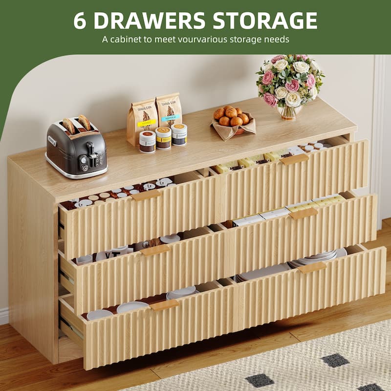 47" Wide Fluted 6 Drawers Dresser, Curved Profile Design Dresser