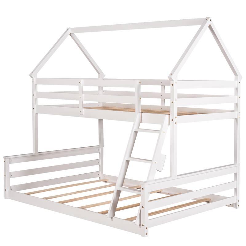 Roomfitters Twin Over Full House Bunk Bed with Built-In Ladder, Playhouse Roof