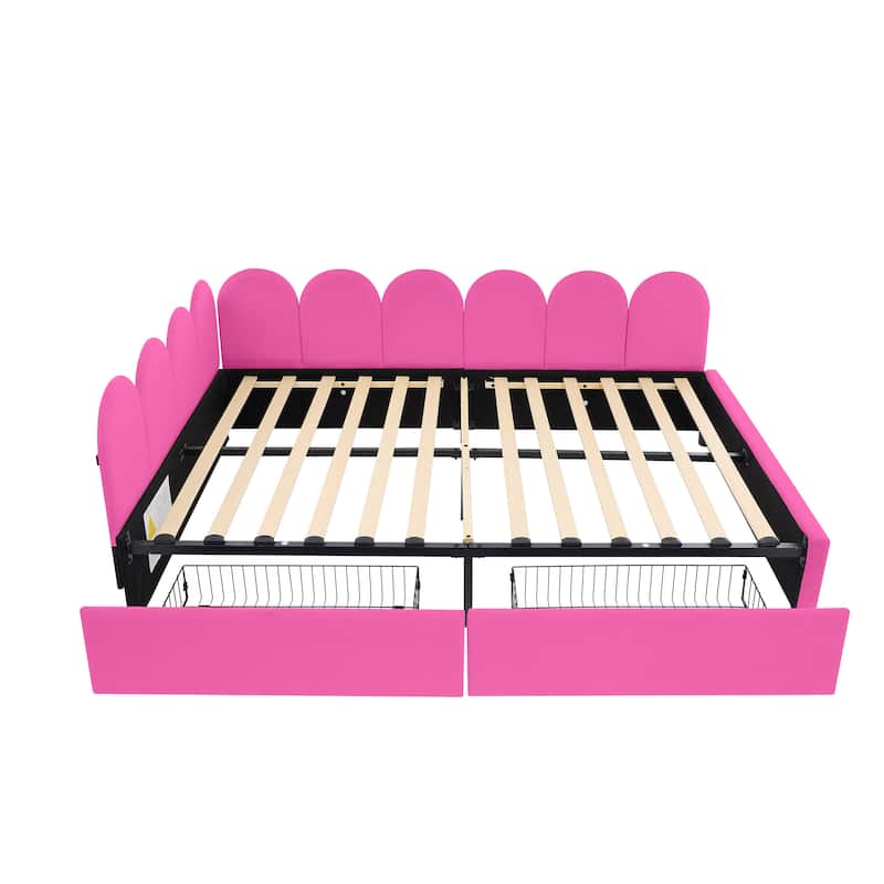 Rose Red Full Size Velvet Upholstered Daybed with Two Drawers and Soft Headboard