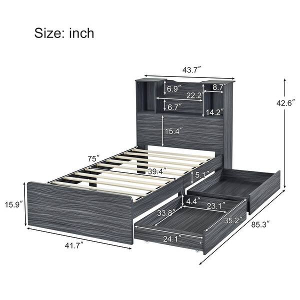 Gray Twin Bed Storage Frame with LED Bookcase Headboard, Wooden Platform Bed with 4 Open Shelves and 2 Storage Drawers