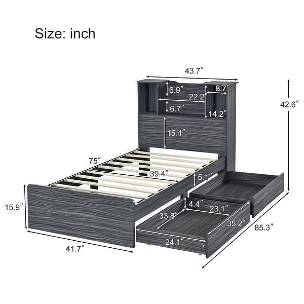 dimension image slide 1 of 2, Twin Size Storage Platform Bed Frame with 4-Shelves & 2-Drawers, Grey Finish Kids Bed Frame with LED Light and Silent Slats