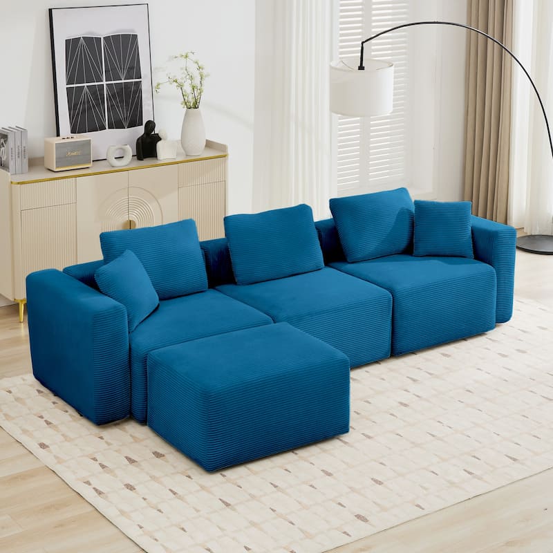 Corduroy Sectional Modular Sofa with Square Arms & Ottoman Extension for Flexible Arrangements