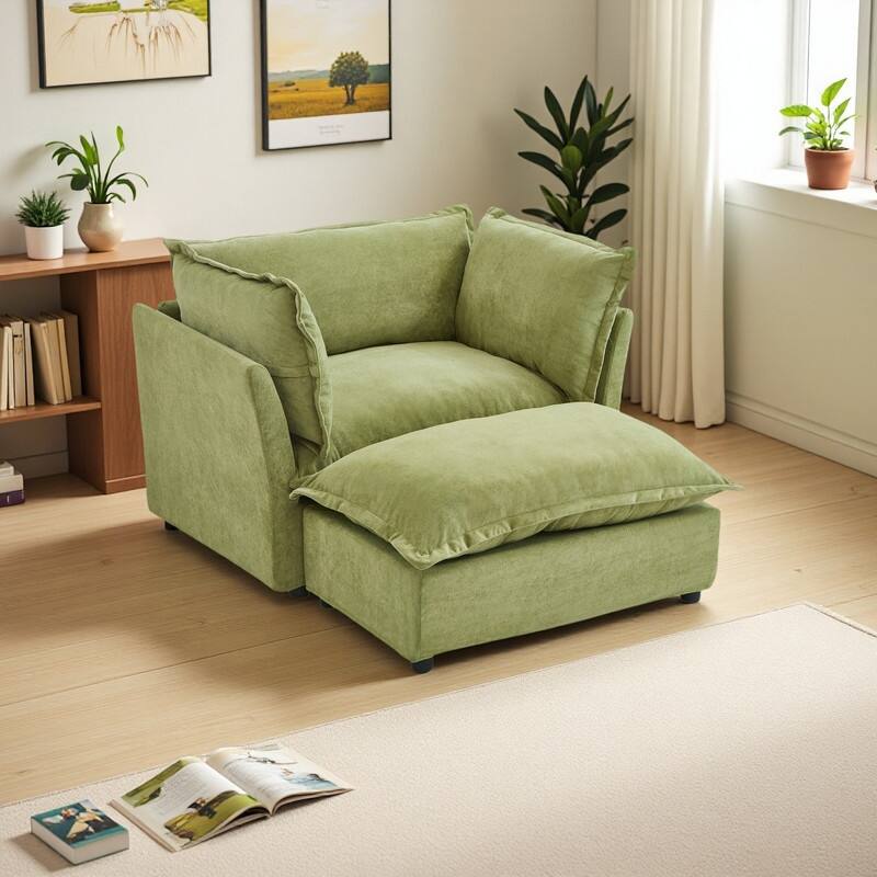 Chenille Modern Armchair Sofa with Movable Ottoman, Wide Seat, Curved Armrests, and Removable Cushions - Green