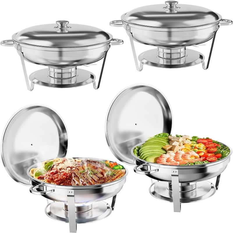Stainless Steel Fondue and Food Warmer 5QT Round Fondue Buffet Set with Lid Stand Spoon and Tweezers (Silver 4-Pack) - 5L 4-piece set
