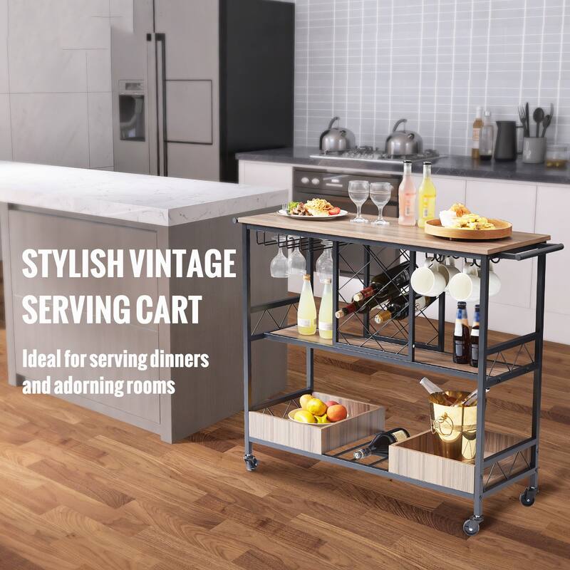 3-Tier Bar Serving Cart Rolling Trolley with Wine Grid Glass Holder 300LBS - Multi