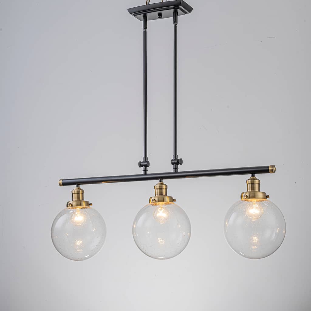 34.5" W 3-Light Industrial Black and Gold Linear Adjustable Island Pendan Light with Clear Seeded Glass Globe for Dining Room