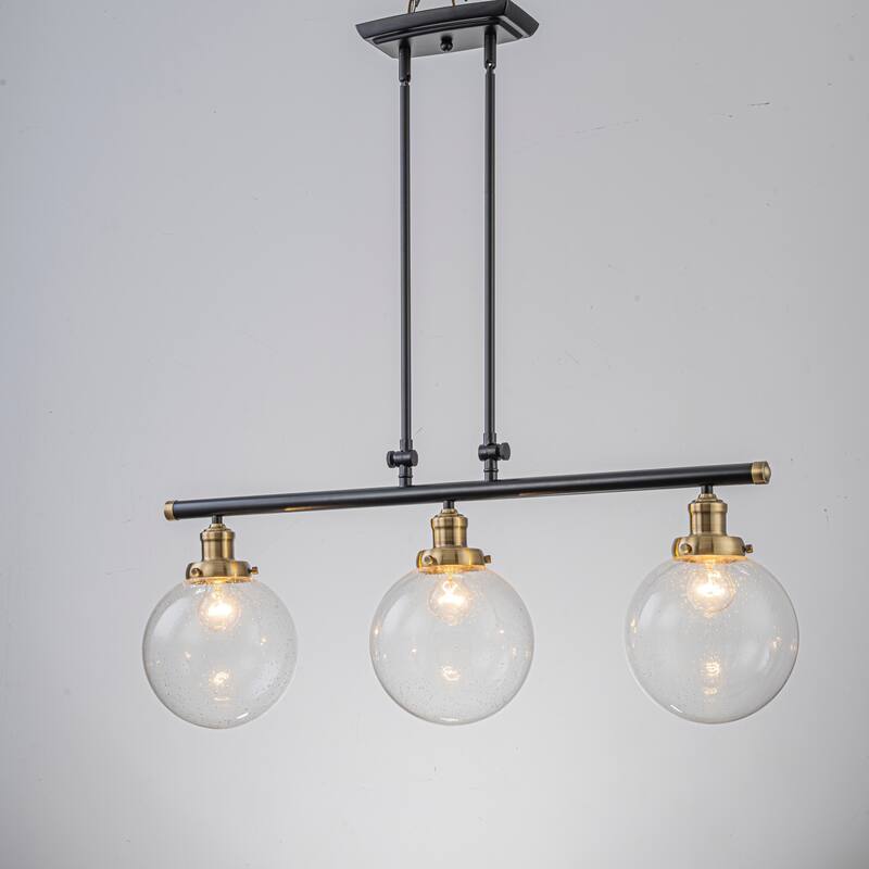 34.5" W 3-Light Industrial Black and Gold Linear Adjustable Island Pendan Light with Clear Seeded Glass Globe for Dining Room - Black/Clear/Gold - 34.5 in. W x 14.1 in. H x 7.9 in. D