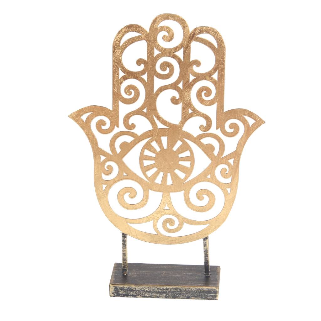 Cut Out Hamsa Hand Metal Accent Decor with Block Base, Gold