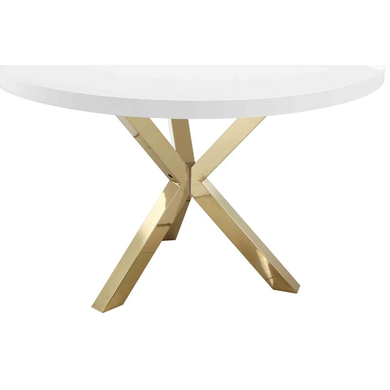 Emi 47 Inch Dining Table, Round White Lacquer Top, X Twisted Gold Legs