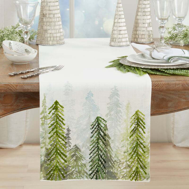 Printed And Beaded Trees Table Runner - 16"x72"