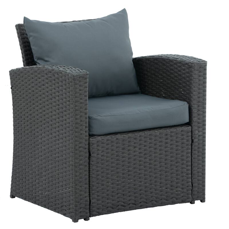 4 PCS Dark Grey Patio Furniture Set with PE Wicker Sofa, Loveseat Set, Chairs, and Tempered Glass Table