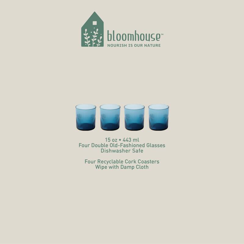 Bloomhouse Lyon Sky 8 Piece Hand Made 16 OZ Colored Glass Couble Old Fashioned Set W/ Coasters