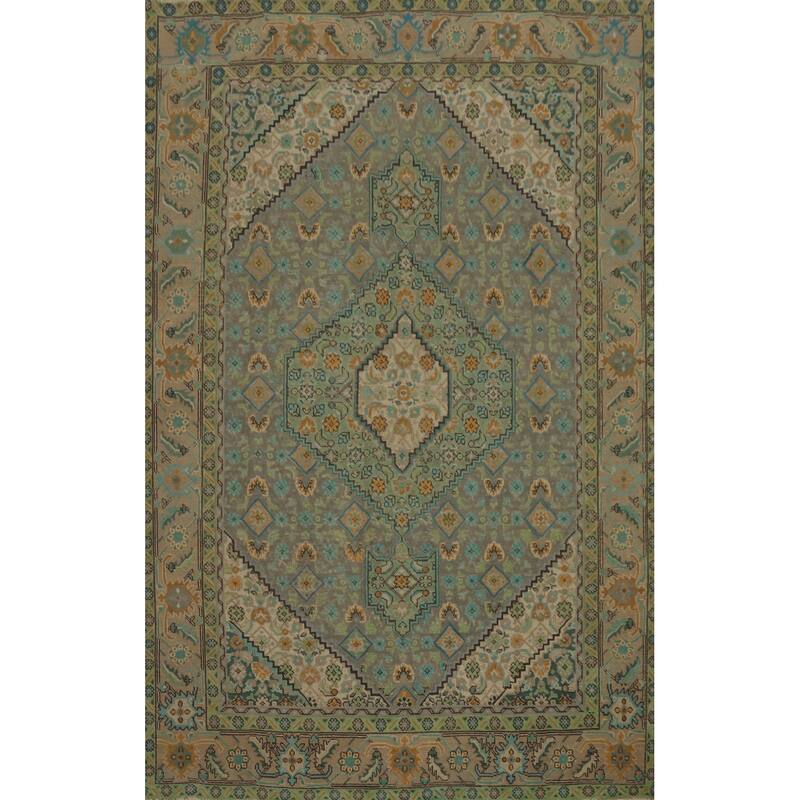 Hand Knotted Oriental 100% Wool Carpet Traditional Floral Greys & Charcoal Tabriz Area Rug - 9' 3'' X 6' 5''