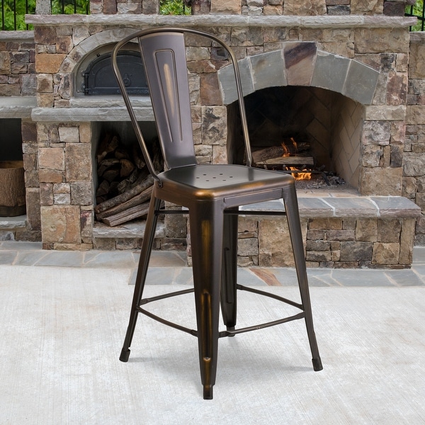 24" High Distressed Metal Indoor-Outdoor Counter Height Stool with Back - 17.75"W x 22"D x 40.25"H. Opens flyout.