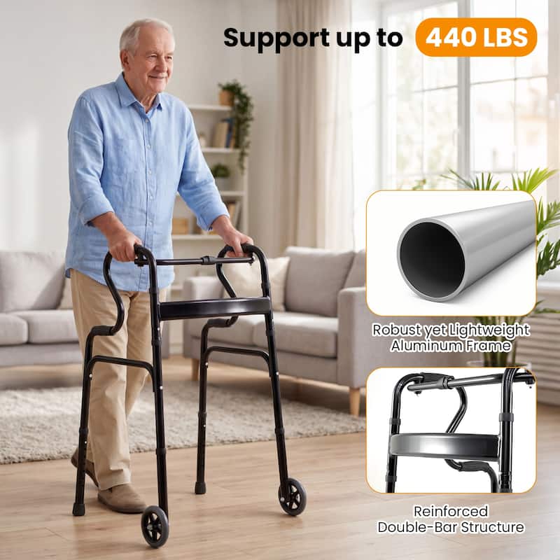 Gymax Heavy-Duty Folding Walker w/Unidirectional Wheels & Armrests