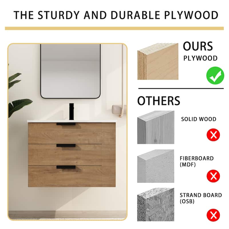 Malwee 30" Floating Bathroom Vanity, Wall Mounted Bathroom Vanity with Resin Sink,Soft Close Drawers and Side Adjustable Shelves