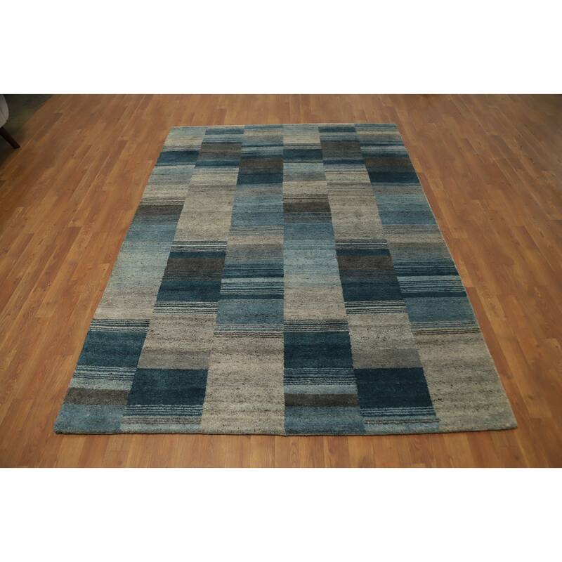 Hand Knotted Oriental 100% Wool Carpet Modern Geometric Navy Blue & Blues Gabbeh Area Rug - 7' 9'' X 5' 6''