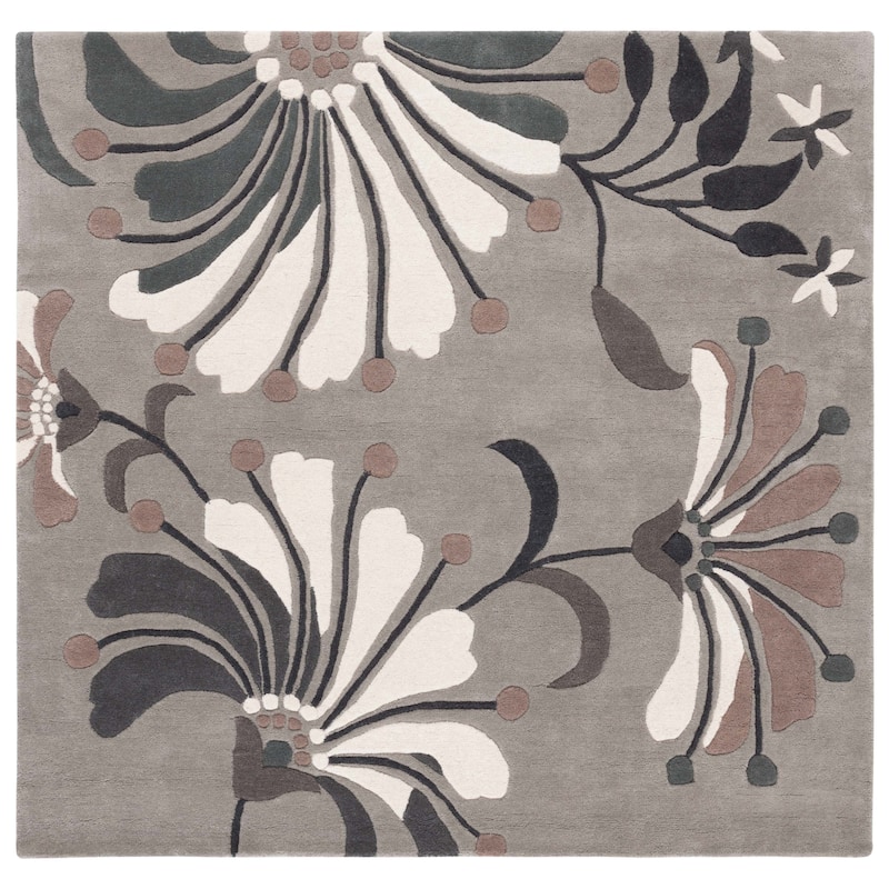 SAFAVIEH, Handmade Soho Renada Floral N.Z. Wool Rug - 6' Square - Grey/Ivory