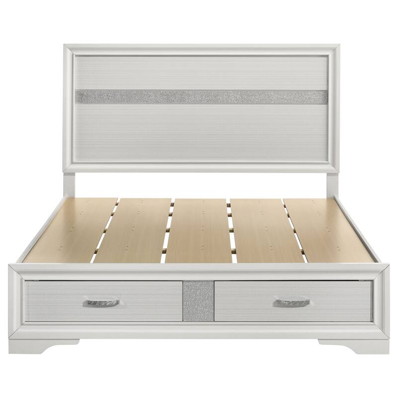 Elegant White Queen Storage Bed with Built-in Drawers and Classic Panel Design