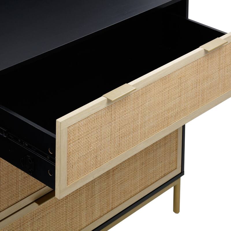 Andrew 3-Drawer Rattan Dresser or Bohemian Living Room Storage Cabinet with Natural Rattan Accent and Metal Legs
